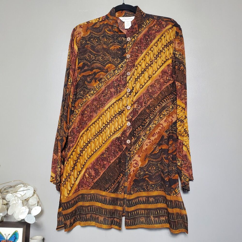 Vintage Gantos Button Down Shirt Size 10 Brown Abstract Sheer Tunic Rayon USA